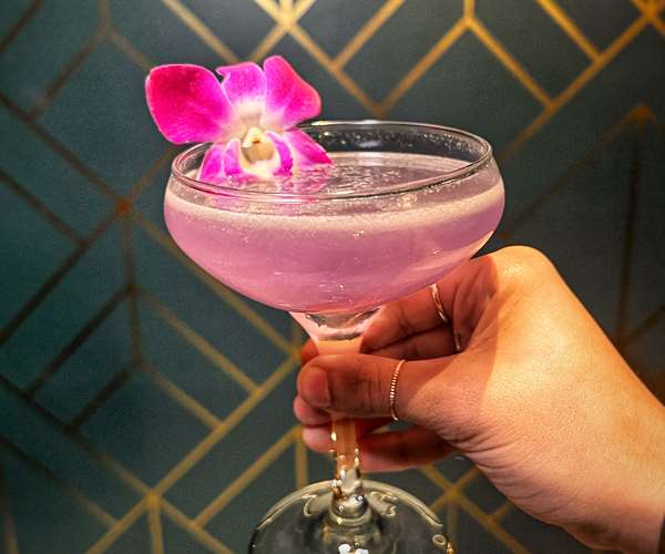 Fancy pink cocktail with a flower garnish